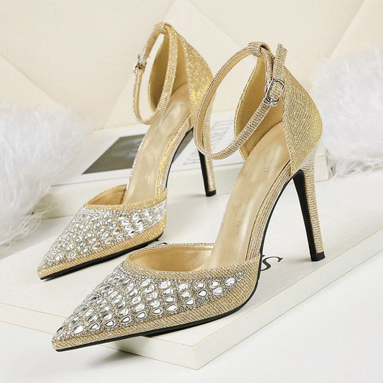 Rhinestone Spets Toe Spänne Stilettklack Dam Pumps