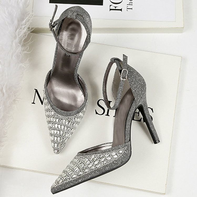 Rhinestone Spets Toe Spänne Stilettklack Dam Pumps