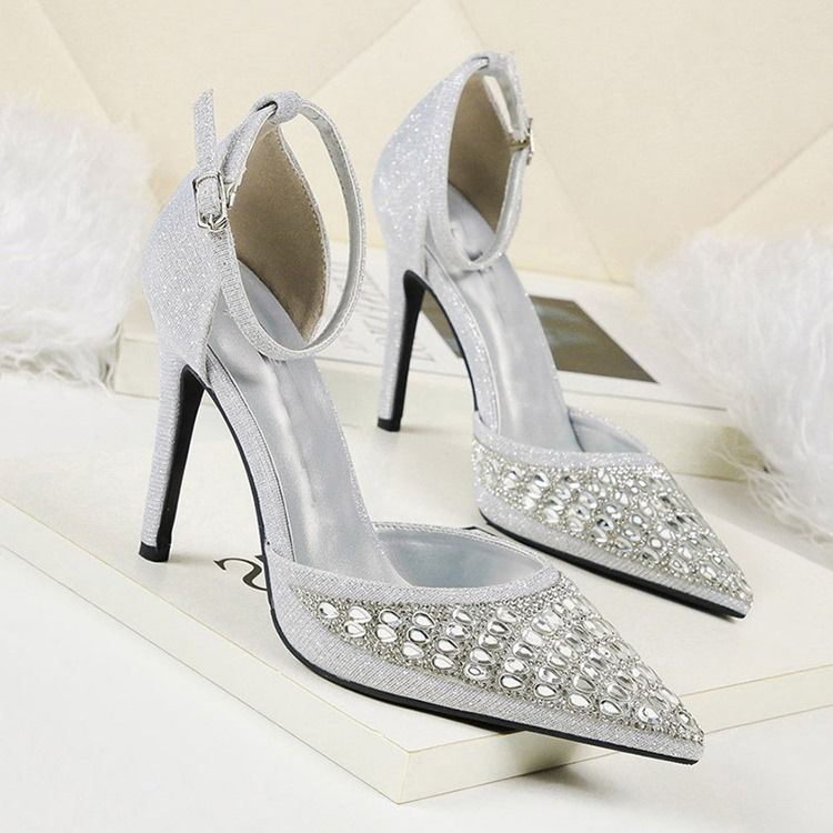 Rhinestone Spets Toe Spänne Stilettklack Dam Pumps