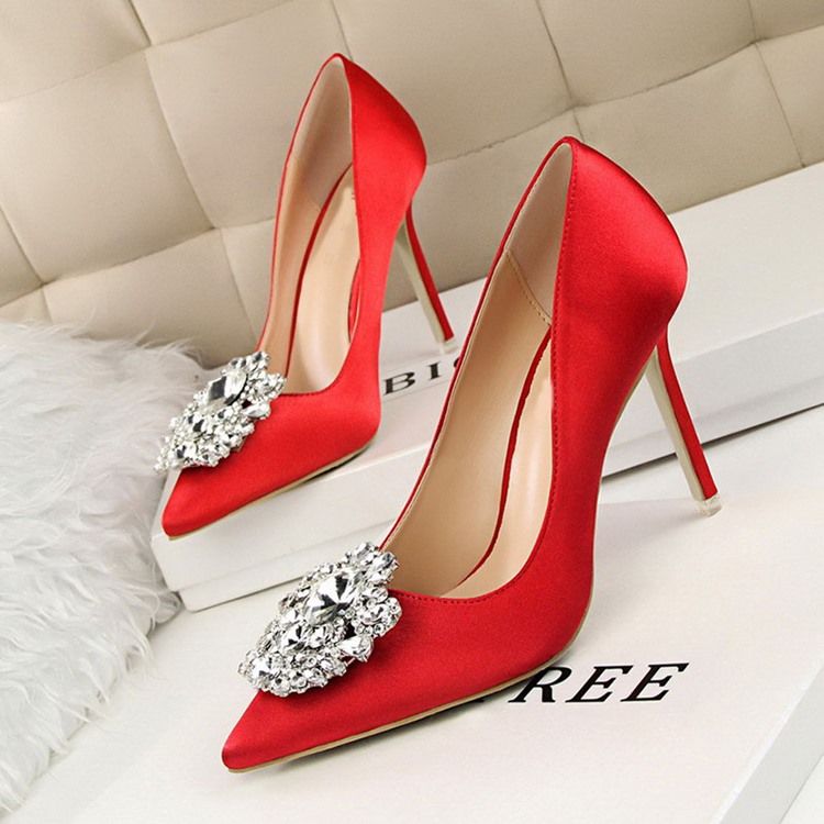 Rhinestone Spets Toe Stiletto Heel Plain Thin Damskor Pumps