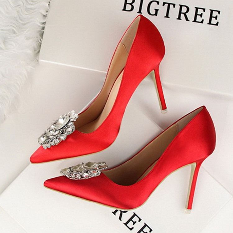 Rhinestone Spets Toe Stiletto Heel Plain Thin Damskor Pumps