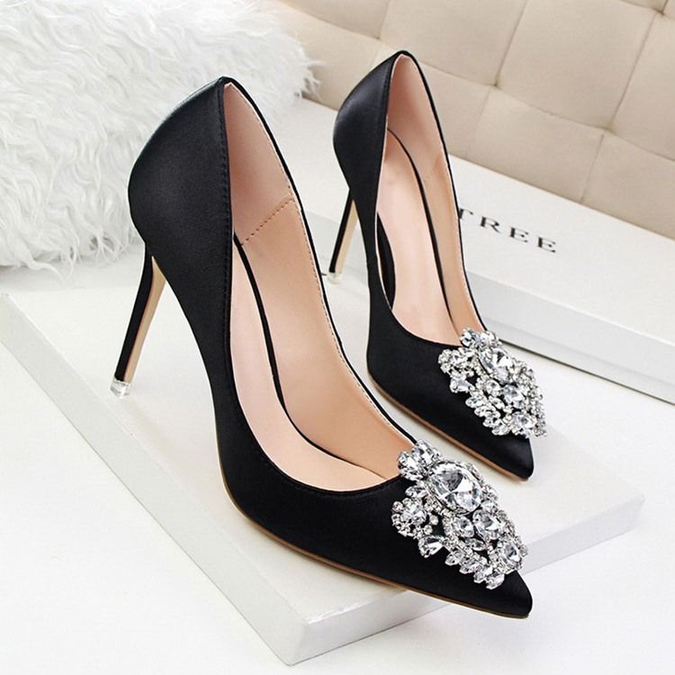 Rhinestone Spets Toe Stiletto Heel Plain Thin Damskor Pumps