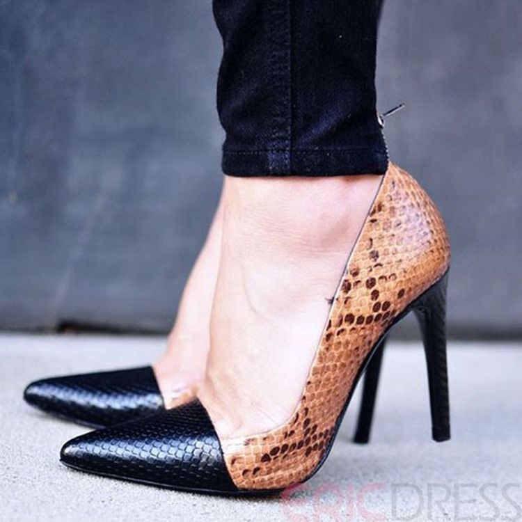 Snake Print Patchwork Point Toe Pumps För Kvinnor