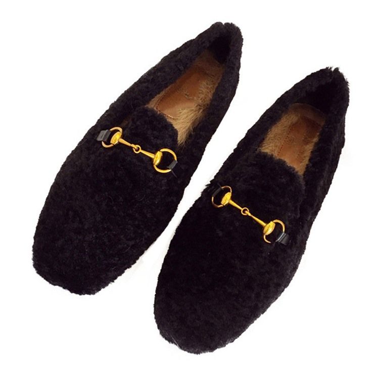 Faux Fur Block Heel Round Toe Slip-on Damskor