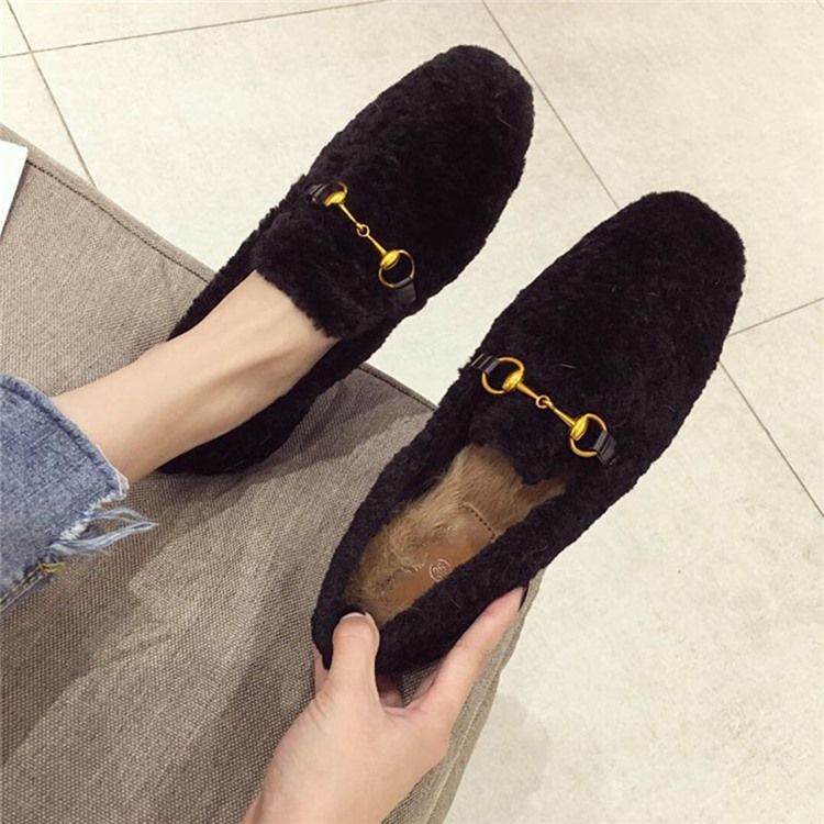 Faux Fur Block Heel Round Toe Slip-on Damskor