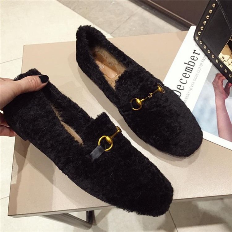 Faux Fur Block Heel Round Toe Slip-on Damskor