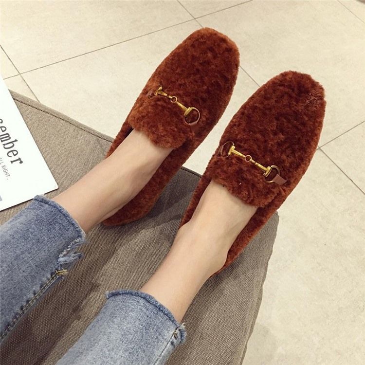 Faux Fur Block Heel Round Toe Slip-on Damskor