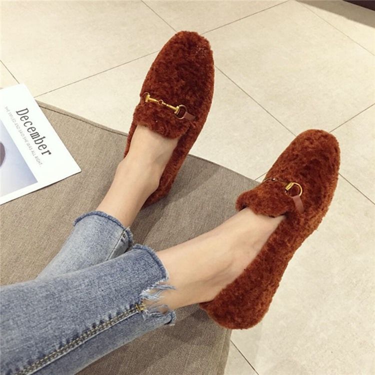 Faux Fur Block Heel Round Toe Slip-on Damskor