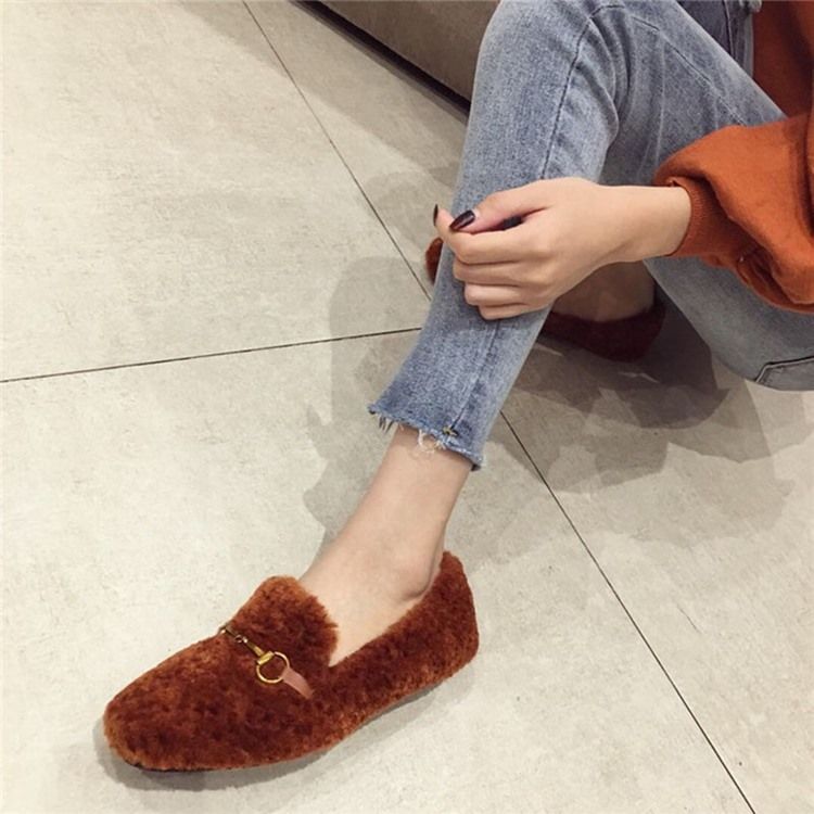 Faux Fur Block Heel Round Toe Slip-on Damskor