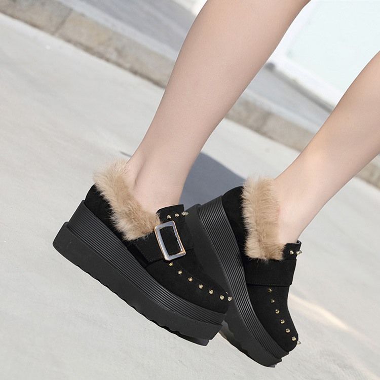 Wedge Heel Spets Toe Slip-on Women's Winter Flats