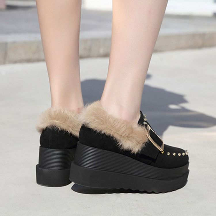 Wedge Heel Spets Toe Slip-on Women's Winter Flats