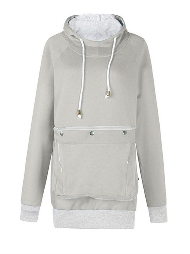 Pocket Plain Regular Mid-length Fall Hoodie För Kvinnor