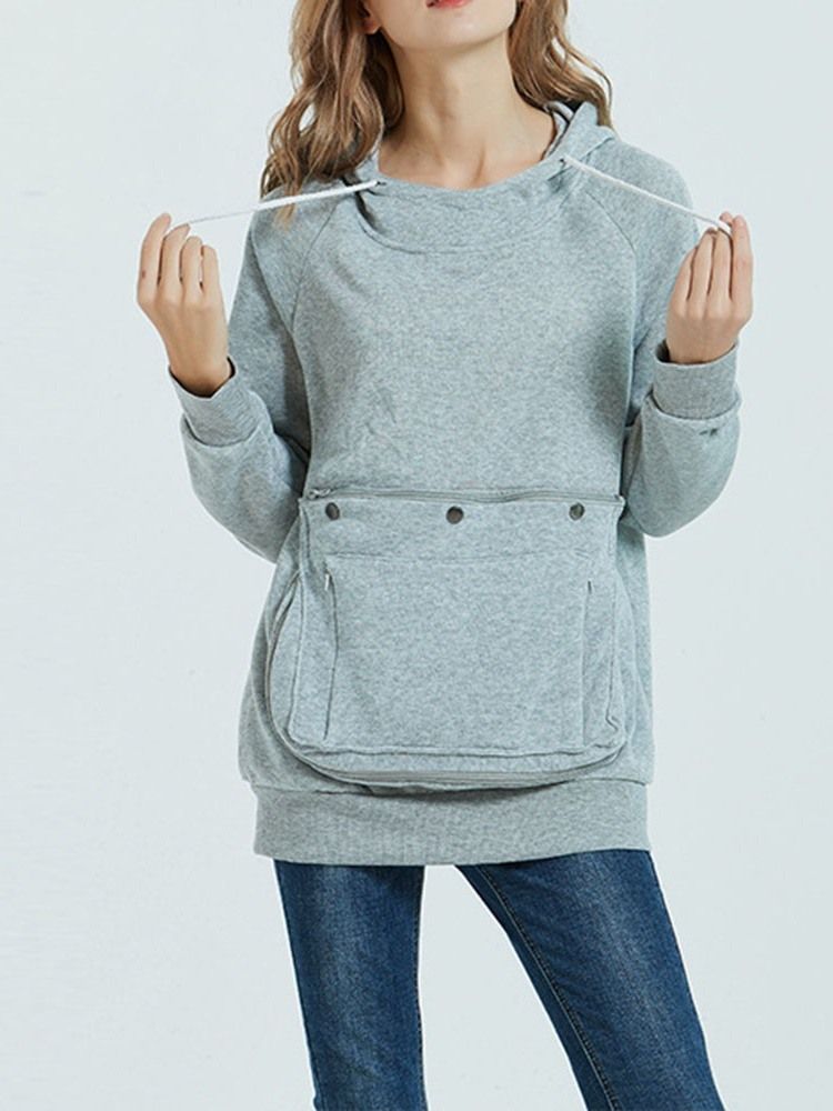 Pocket Plain Regular Mid-length Fall Hoodie För Kvinnor