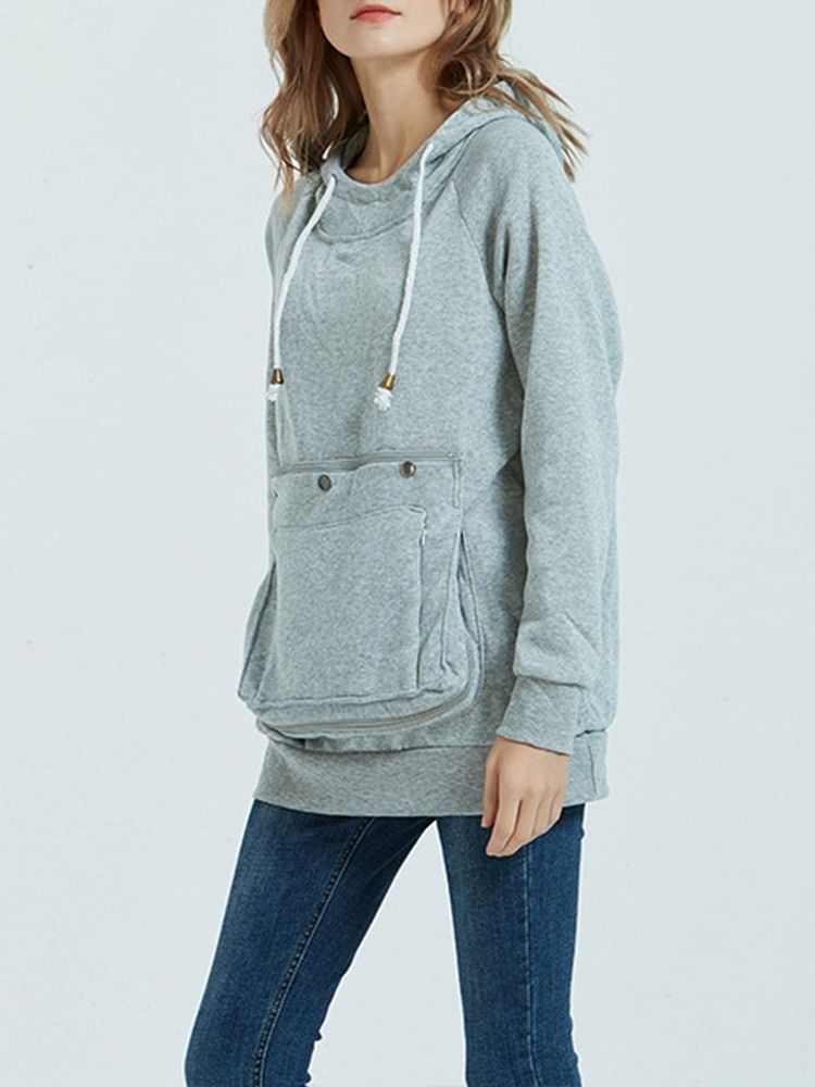 Pocket Plain Regular Mid-length Fall Hoodie För Kvinnor