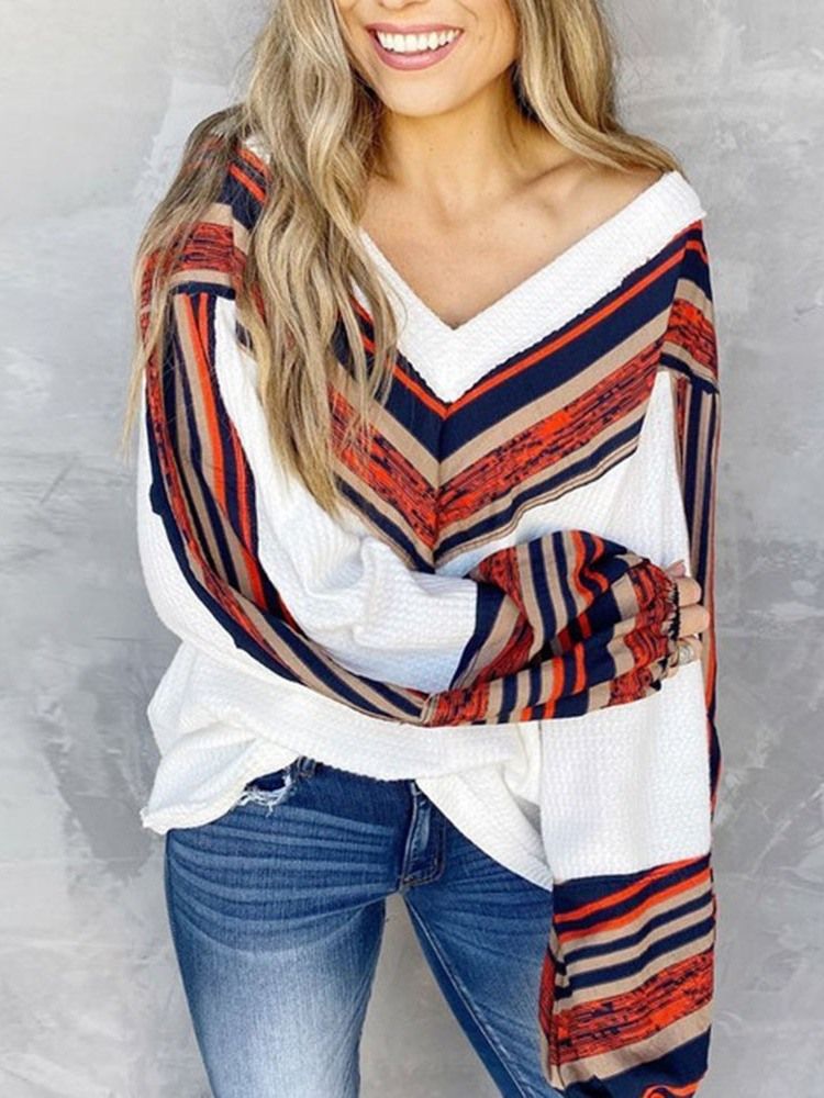 Print Stripe Lantern Sleeve V-neck Standard Thodie För Kvinnor