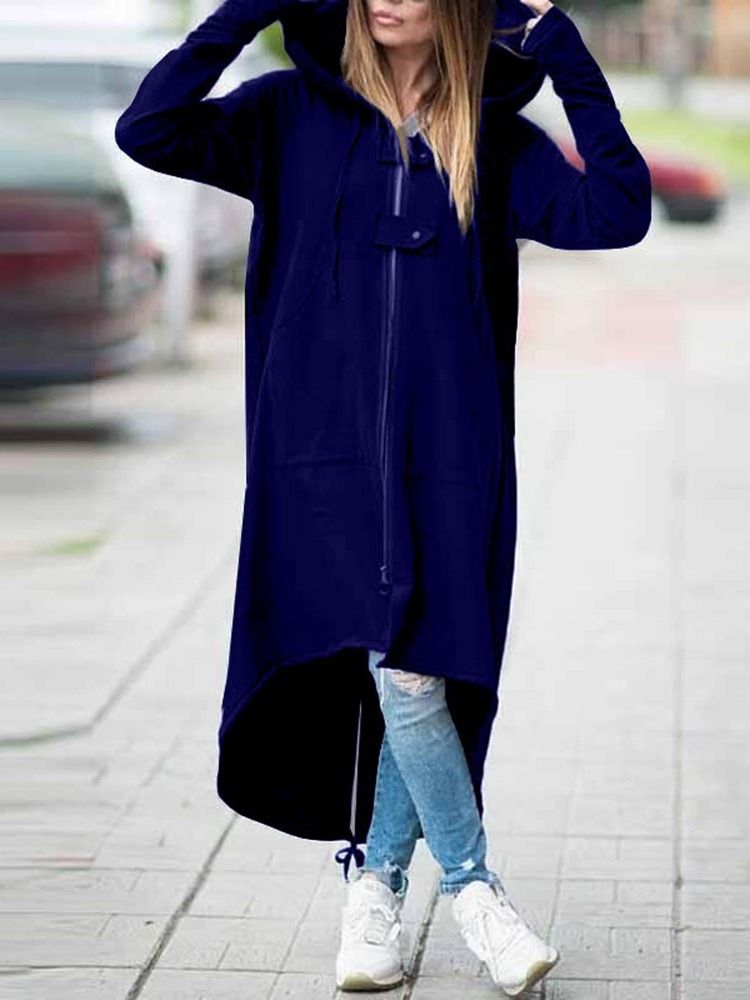 Regular Asymmetric Plain Long Fall Hoodie För Kvinnor