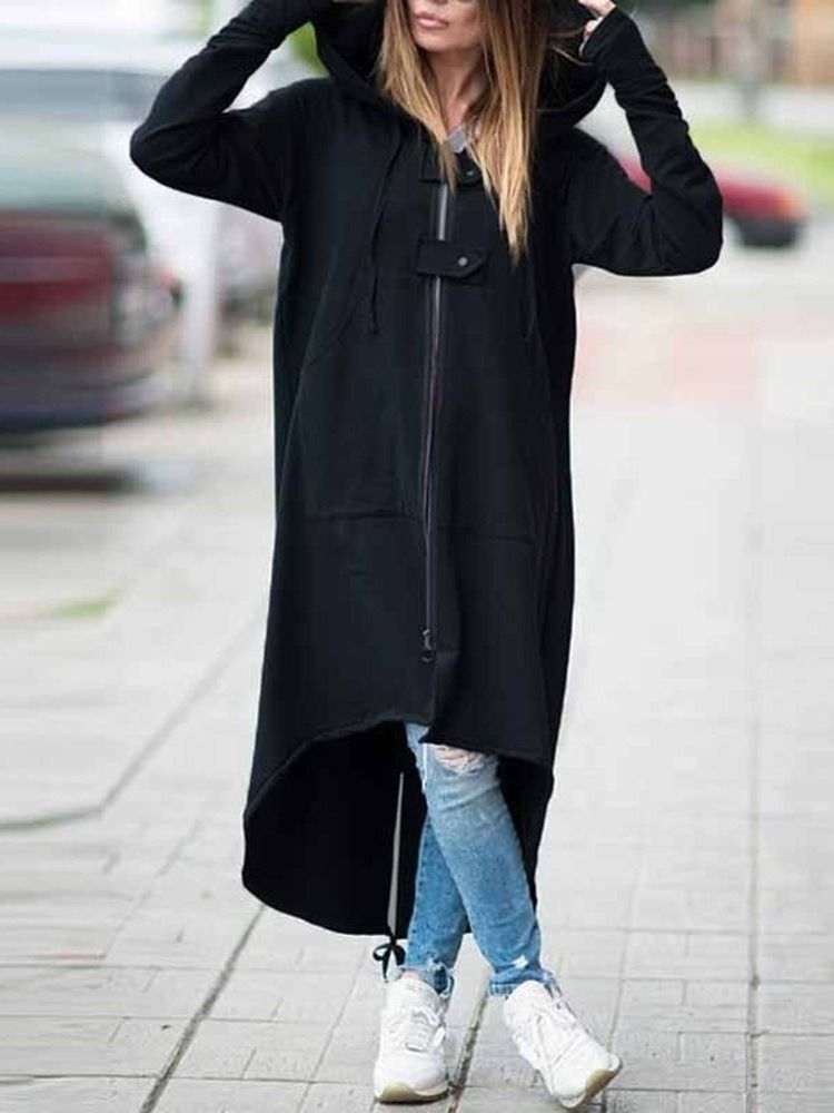 Regular Asymmetric Plain Long Fall Hoodie För Kvinnor