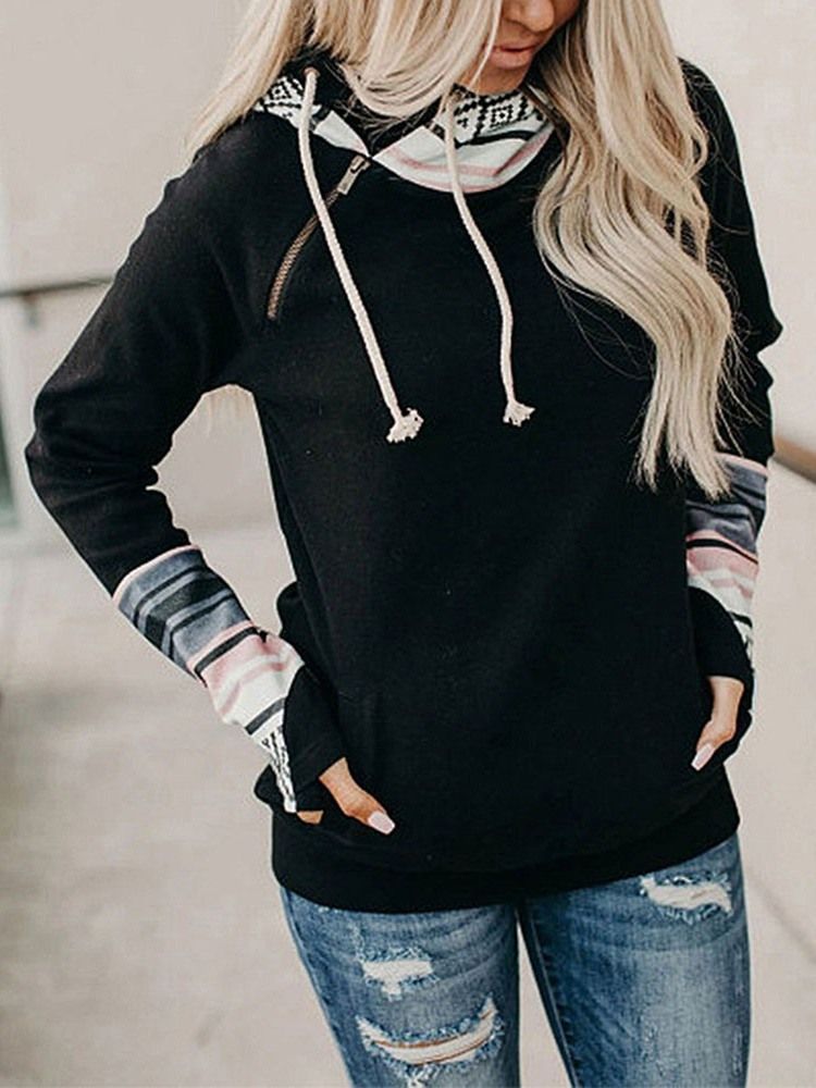 Regular Pocket Color Block Fall Standard Hoodie För Kvinnor