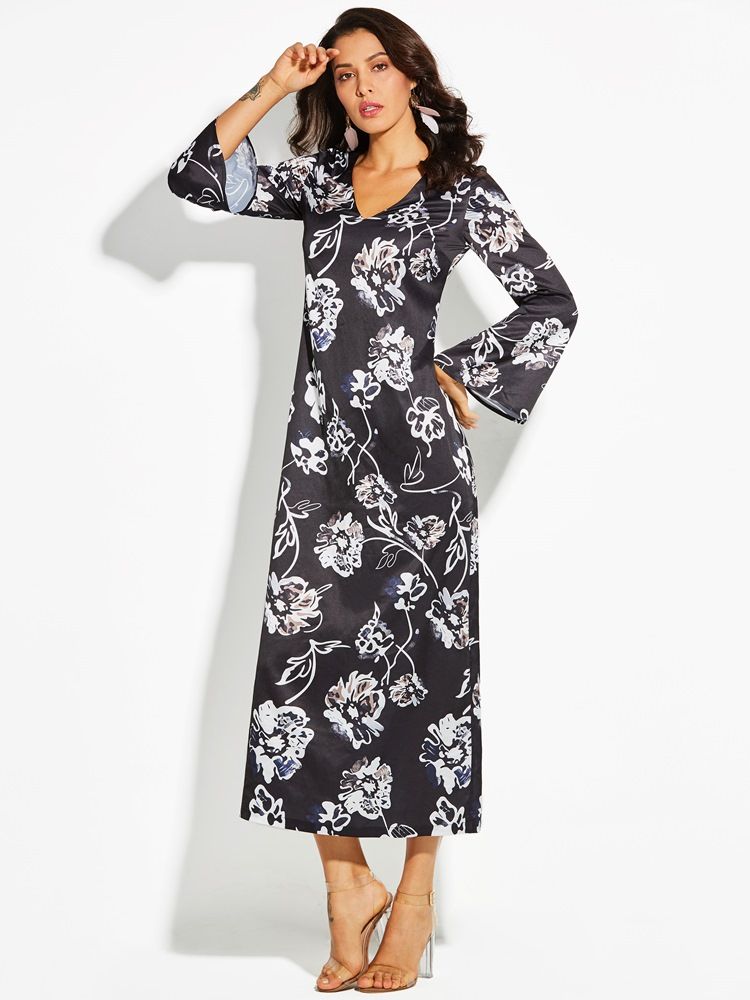 Kvinnors V-ringning Floral Print Flare Sleeve Day Dress