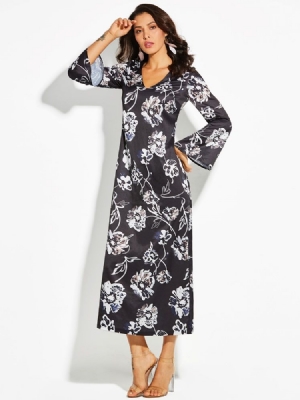 Kvinnors V-ringning Floral Print Flare Sleeve Day Dress