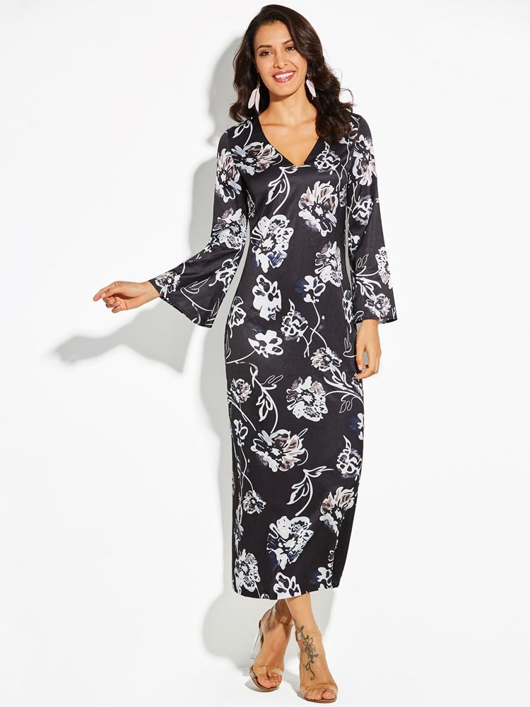 Kvinnors V-ringning Floral Print Flare Sleeve Day Dress