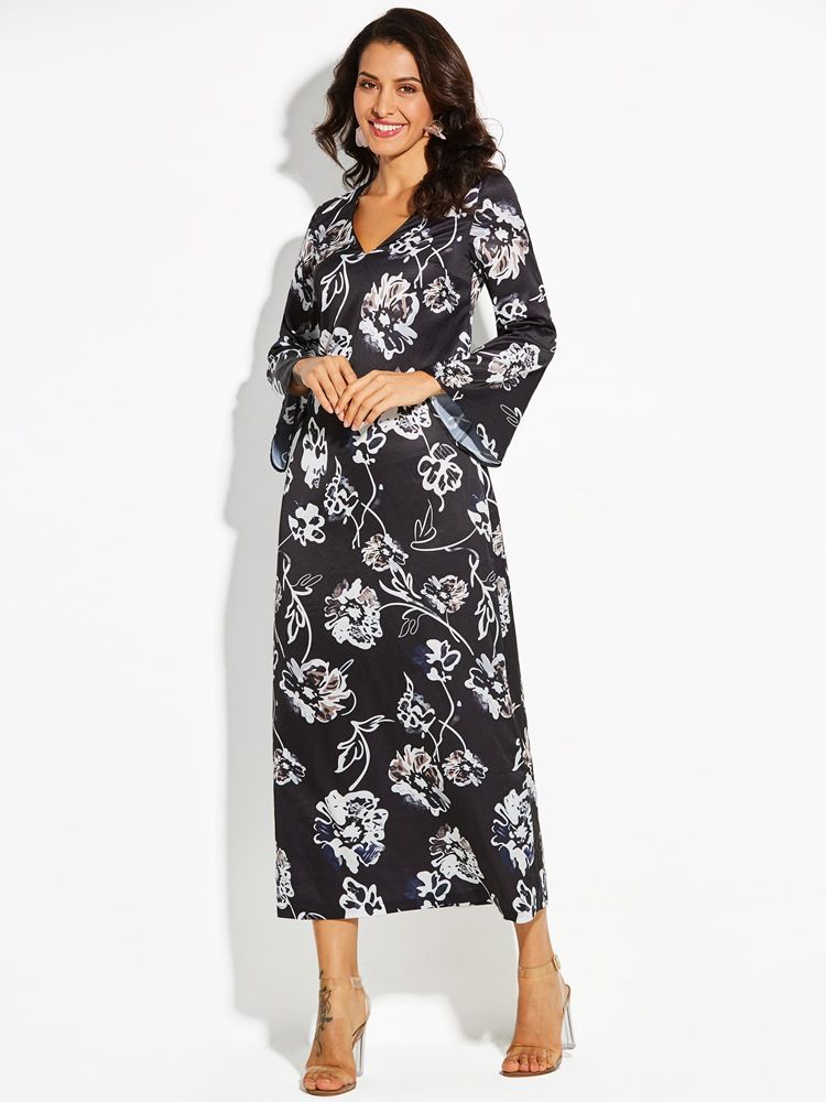 Kvinnors V-ringning Floral Print Flare Sleeve Day Dress