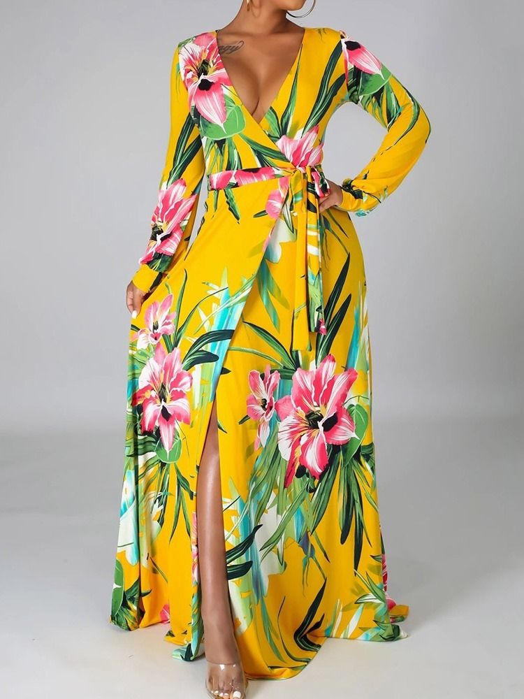 Långärmad Lapptäcke För Kvinnor V-ringning Resor Look Color Block Floral Maxi Dress