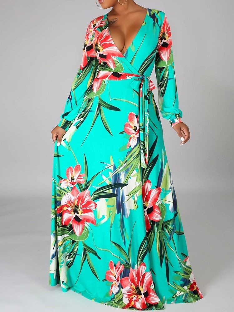 Långärmad Lapptäcke För Kvinnor V-ringning Resor Look Color Block Floral Maxi Dress