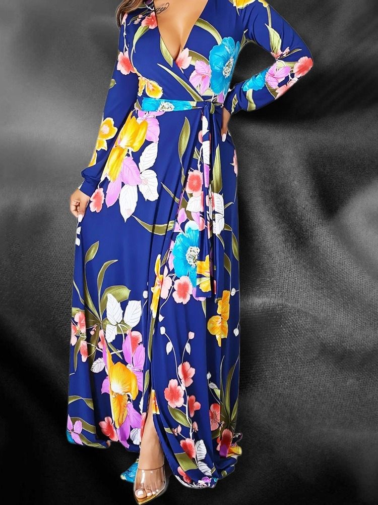 Långärmad Lapptäcke För Kvinnor V-ringning Resor Look Color Block Floral Maxi Dress