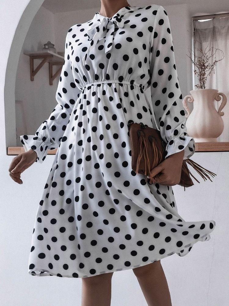 Mid-calf Patchwork Bow Collar A-line Polka Dots Dress För Kvinnor