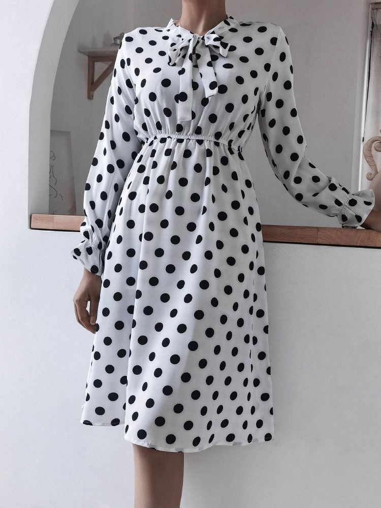 Mid-calf Patchwork Bow Collar A-line Polka Dots Dress För Kvinnor