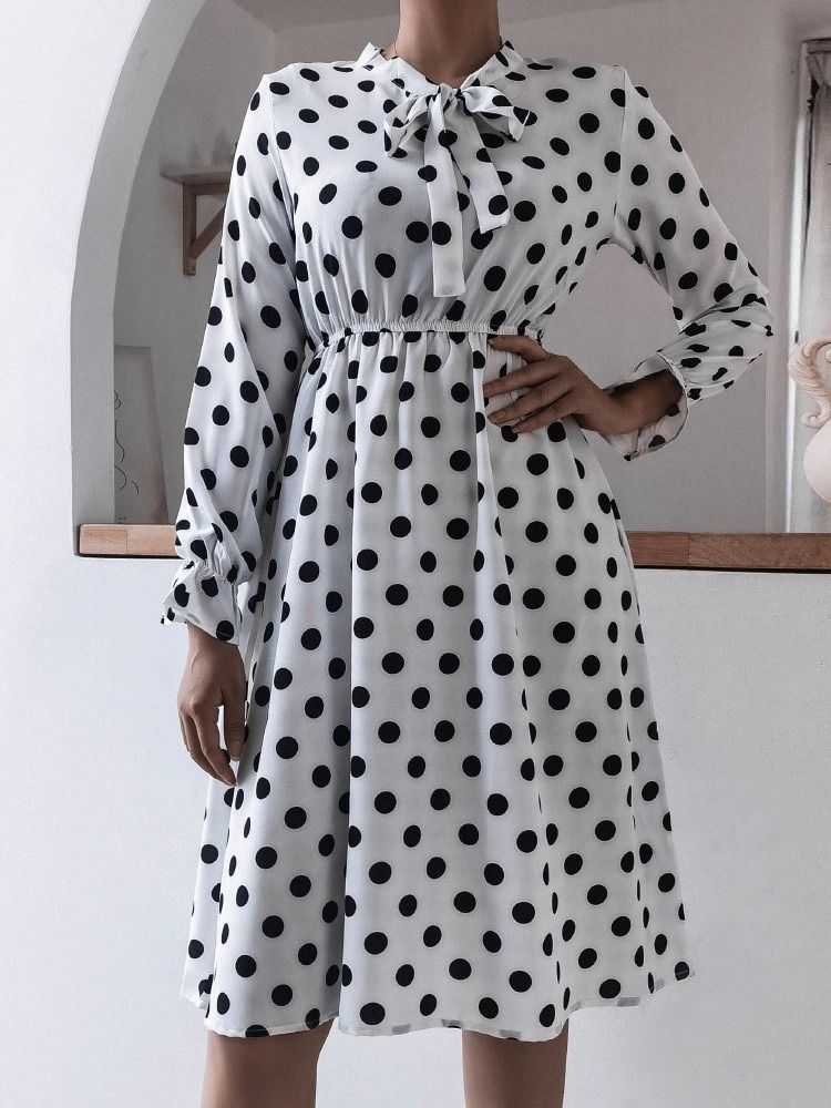 Mid-calf Patchwork Bow Collar A-line Polka Dots Dress För Kvinnor