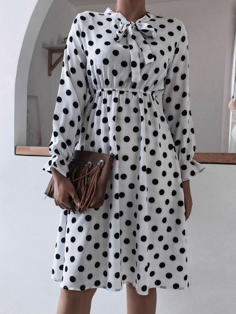 Mid-calf Patchwork Bow Collar A-line Polka Dots Dress För Kvinnor