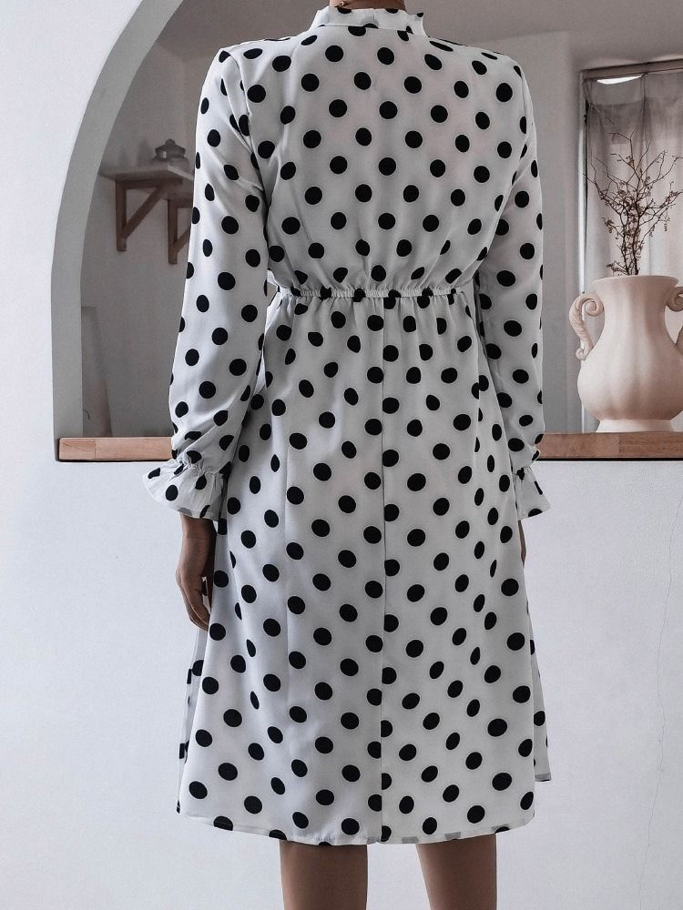 Mid-calf Patchwork Bow Collar A-line Polka Dots Dress För Kvinnor