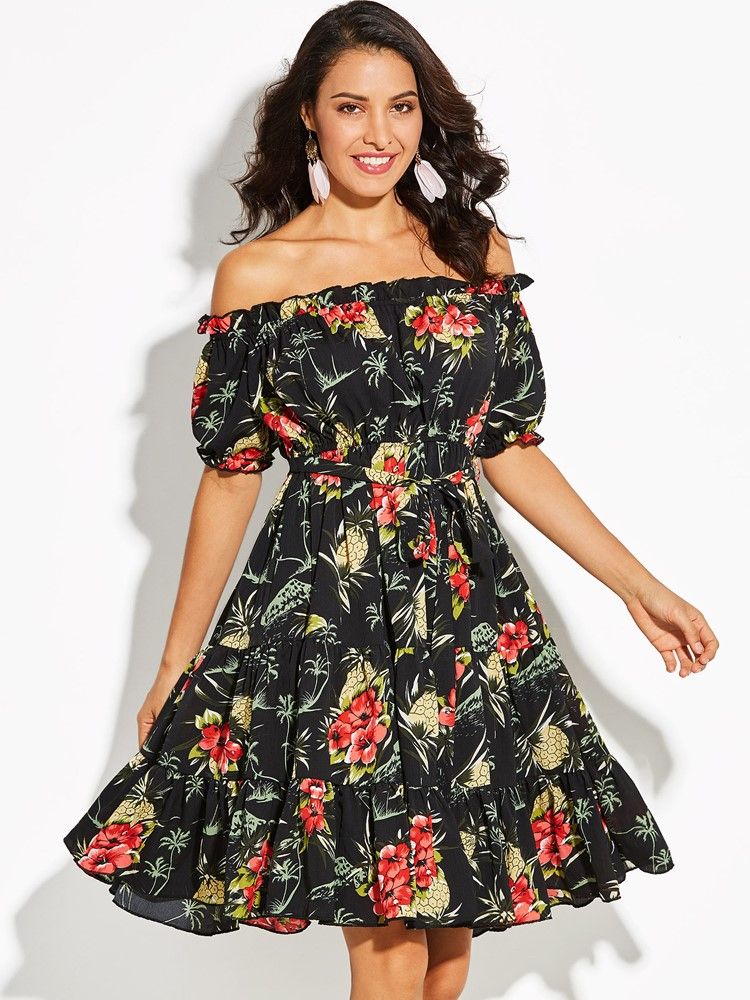 Off Shoulder Floral Print Dam A-line Klänning