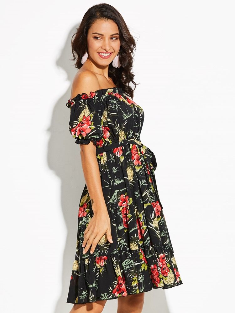 Off Shoulder Floral Print Dam A-line Klänning