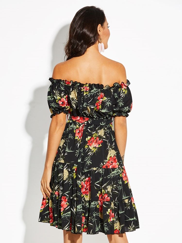 Off Shoulder Floral Print Dam A-line Klänning