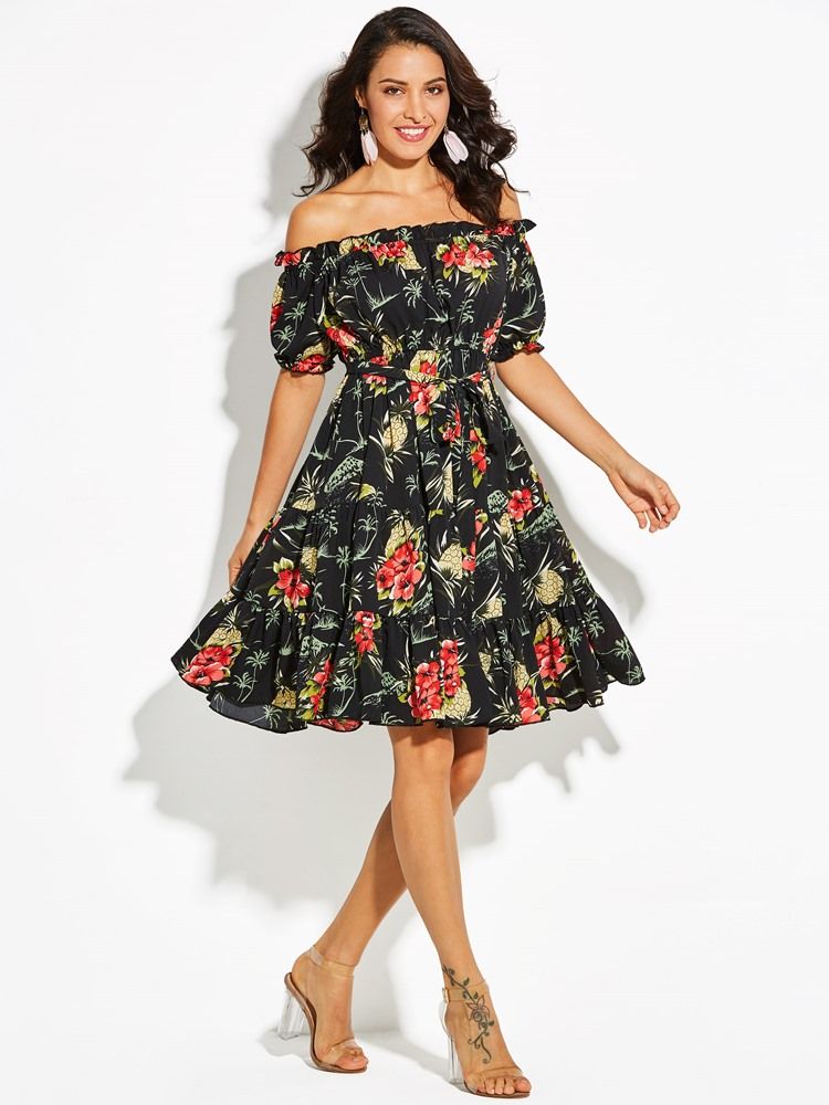 Off Shoulder Floral Print Dam A-line Klänning