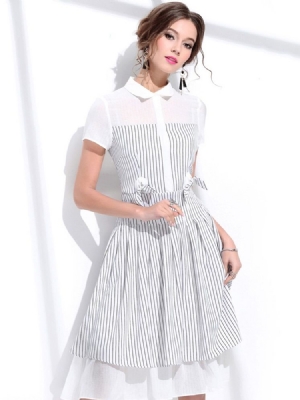 Polo Neck Bowknot Striped A Line Dress