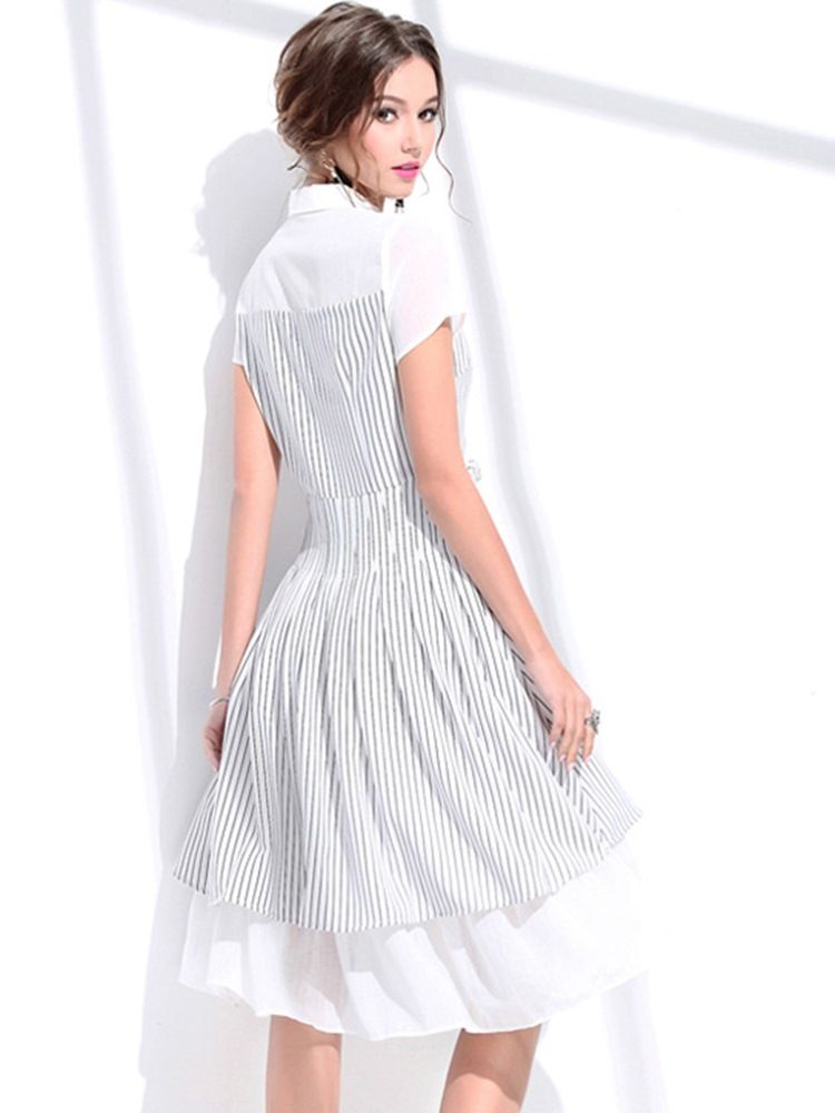 Polo Neck Bowknot Striped A Line Dress