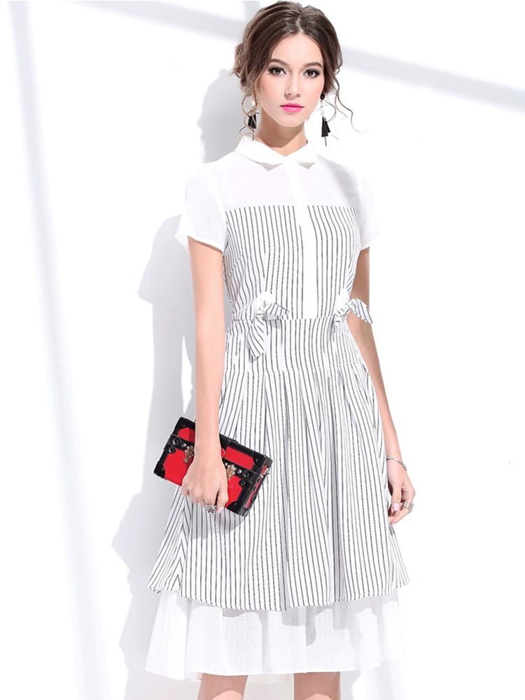 Polo Neck Bowknot Striped A Line Dress