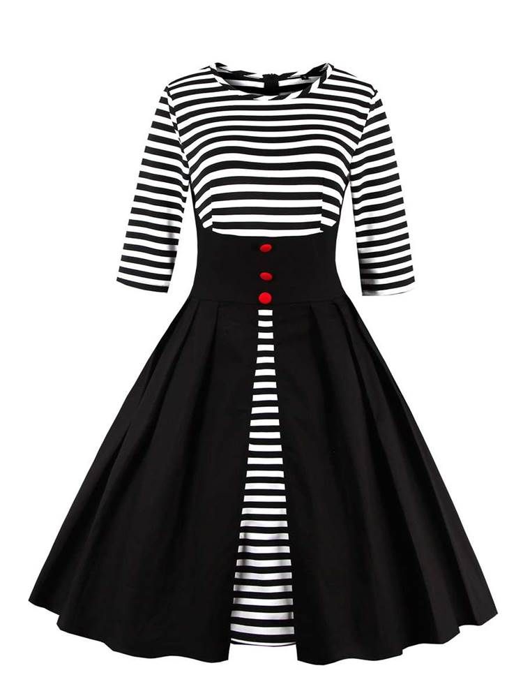 Stripe Patchwork-knapp För Kvinnor A Line Dress