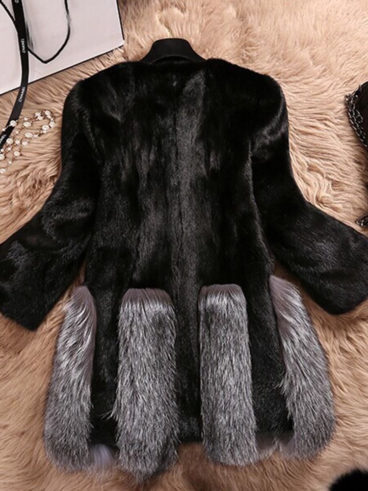 Dam Standardfärgblock Rund Hals Faux Fur Fur Faux Fur Overcoat