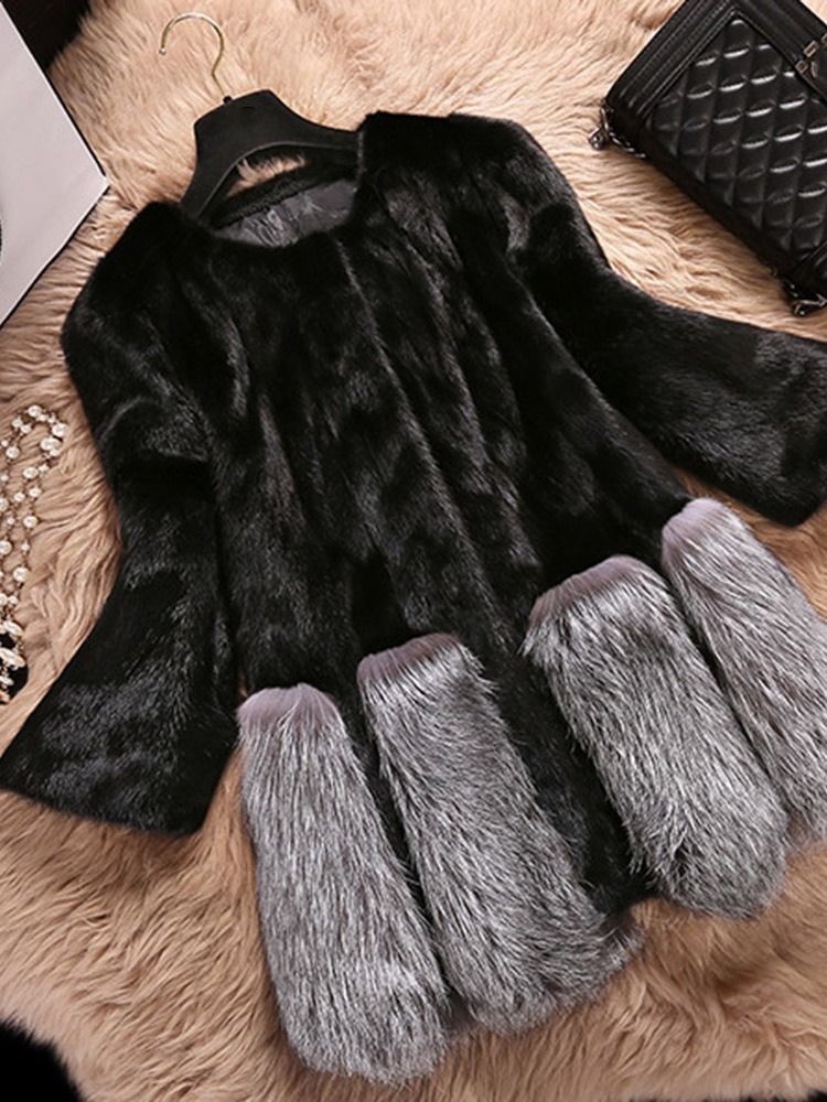 Dam Standardfärgblock Rund Hals Faux Fur Fur Faux Fur Overcoat