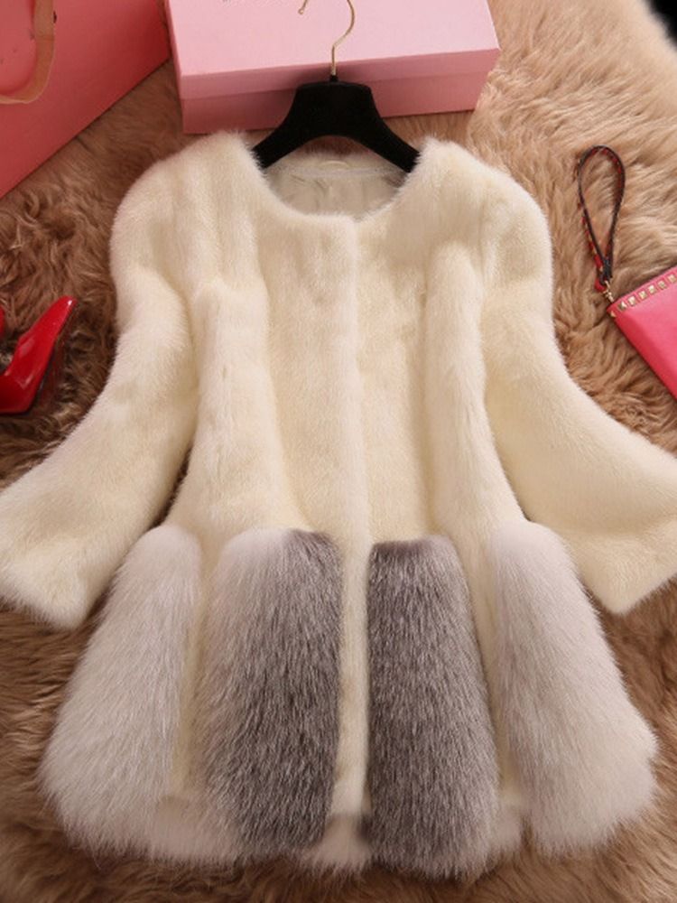 Dam Standardfärgblock Rund Hals Faux Fur Fur Faux Fur Overcoat