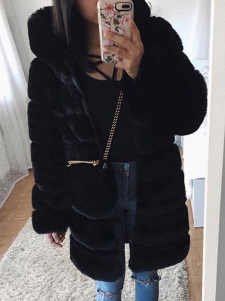 Hooded Plain Long Loose Dam Faux Fur Overcoat