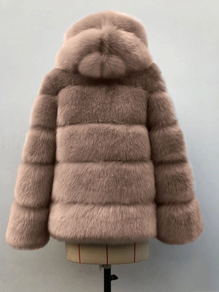 Hooded Plain Mid-length Thick Loose Women's Faux Fur Overcoat