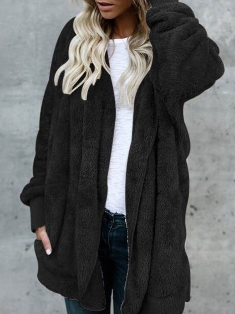 Hooded Plain Mid-length Winter Slim Faux Fur Overcoat