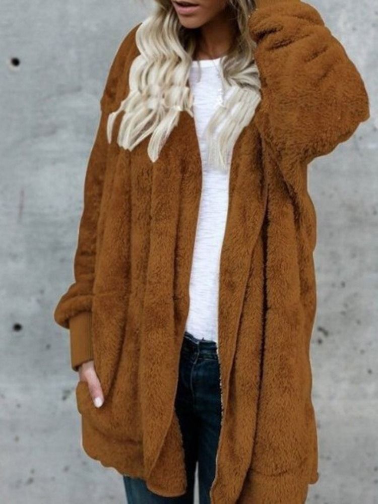 Hooded Plain Mid-length Winter Slim Faux Fur Overcoat