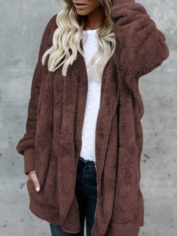 Hooded Plain Mid-length Winter Slim Faux Fur Overcoat